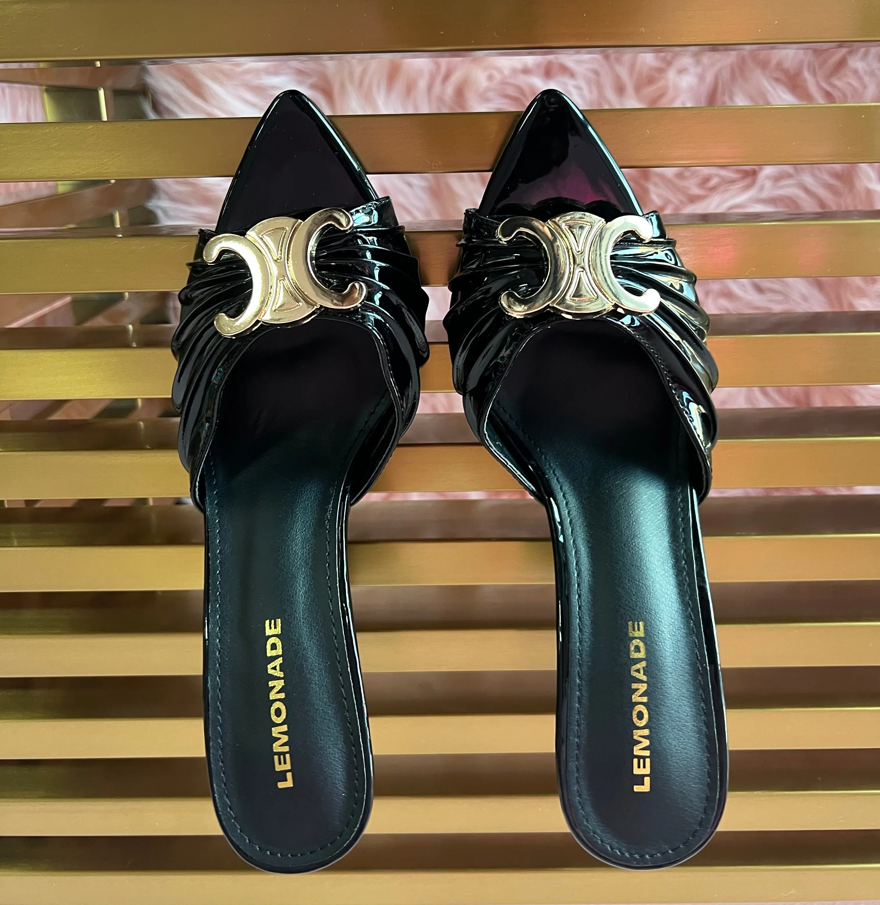 UPGRADE CLASS Black Mule Heel Open Toe Black Faux Leather
