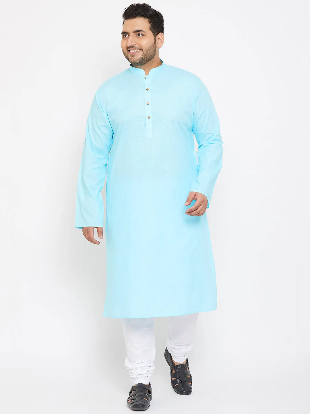 VASTRAMAY Men's Plus Size Aqua Blue Cotton Kurta