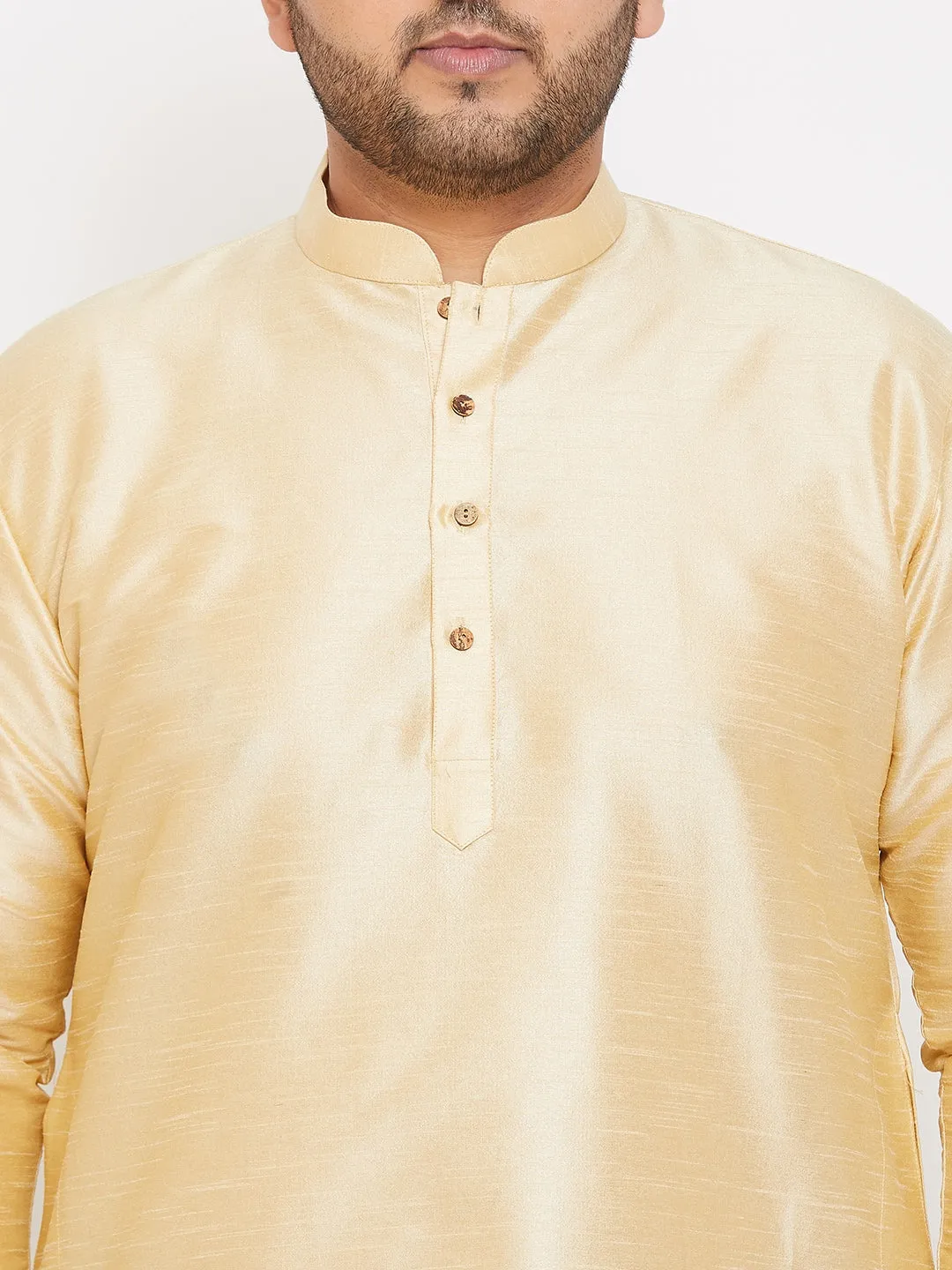 VASTRAMAY Men's Plus Size Golden Silk Blend Curved Kurta Dhoti Set