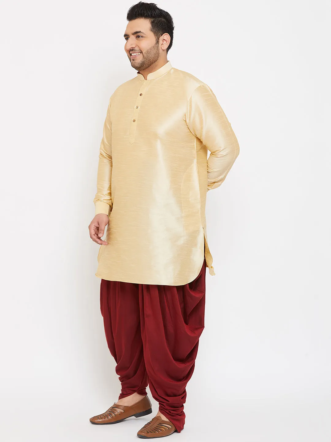 VASTRAMAY Men's Plus Size Golden Silk Blend Curved Kurta Dhoti Set