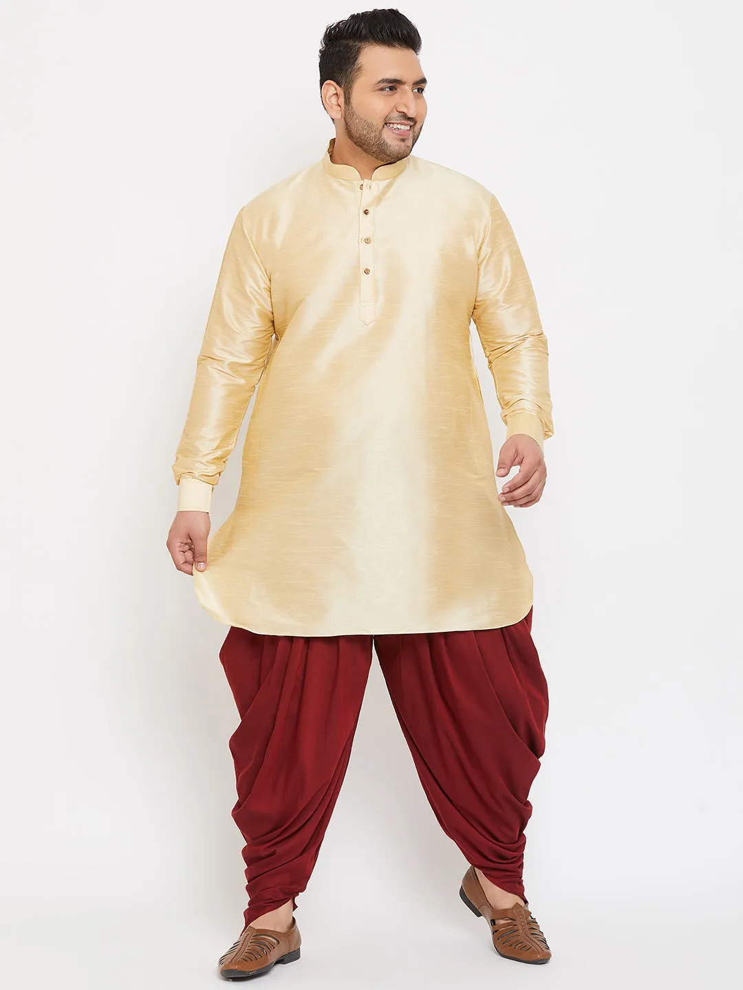 VASTRAMAY Men's Plus Size Golden Silk Blend Curved Kurta Dhoti Set