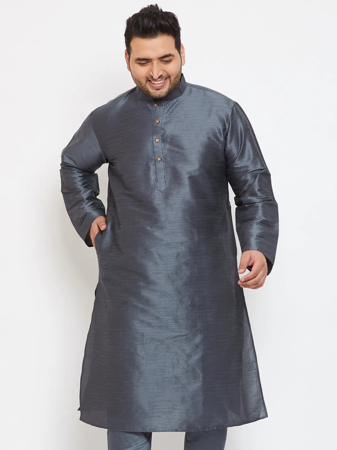 VASTRAMAY Men's Plus Size Grey Silk Blend Kurta