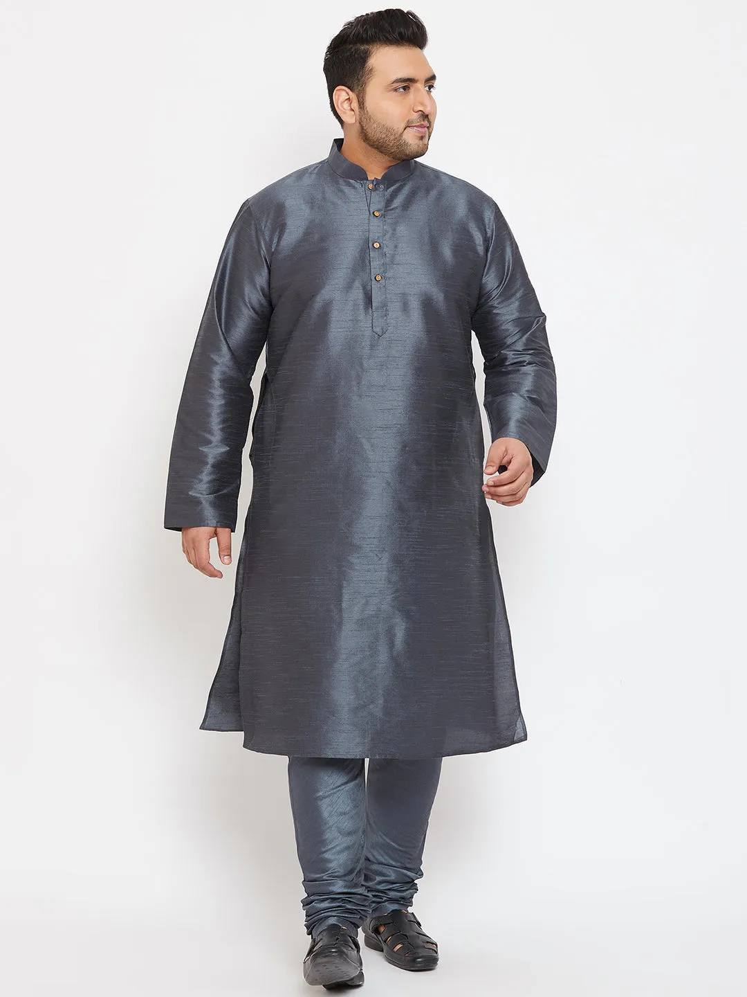 VASTRAMAY Men's Plus Size Grey Silk Blend Kurta