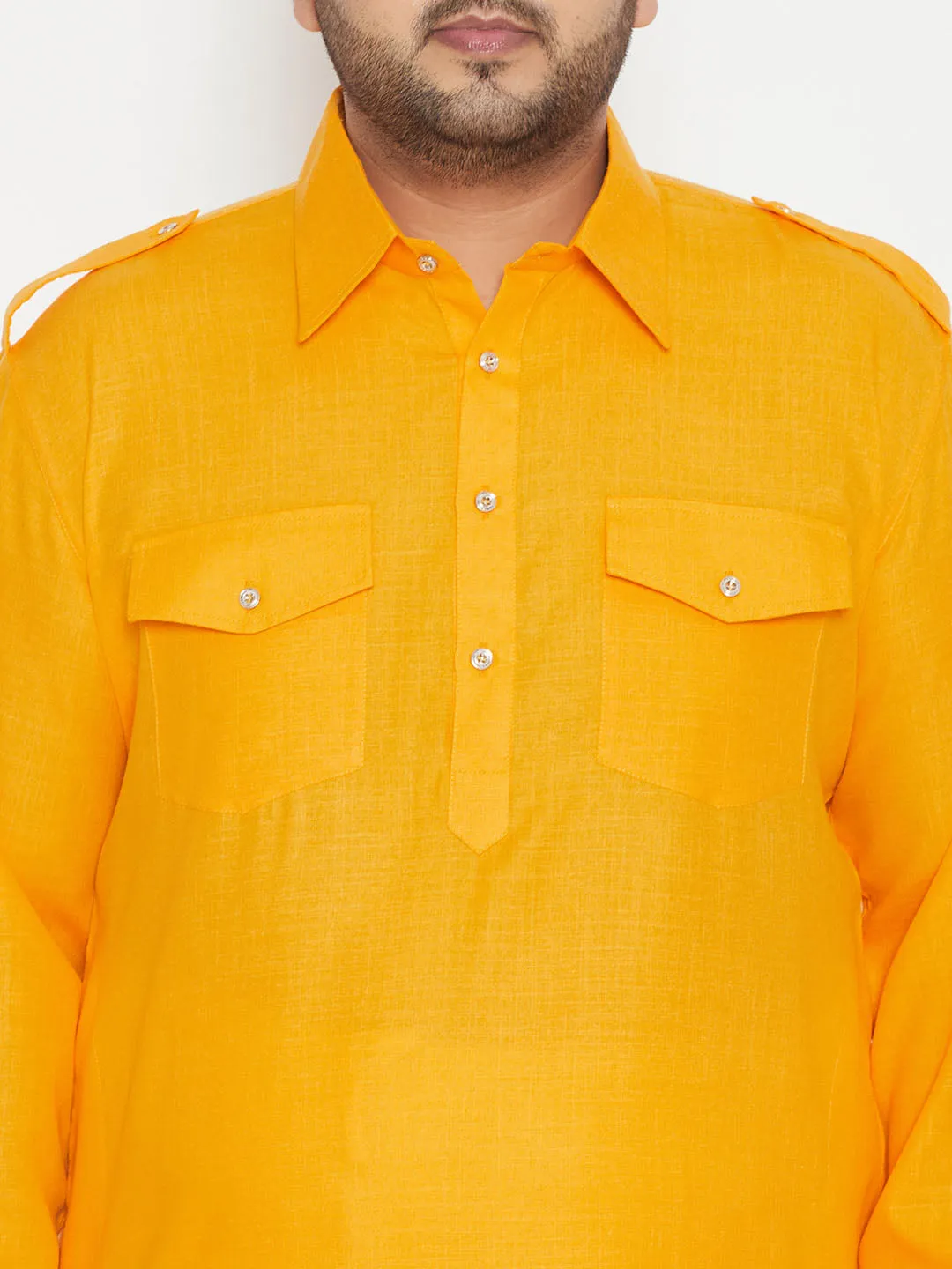 VASTRAMAY Men's Plus Size Mustard and Cream Cotton Blend Pathani Set
