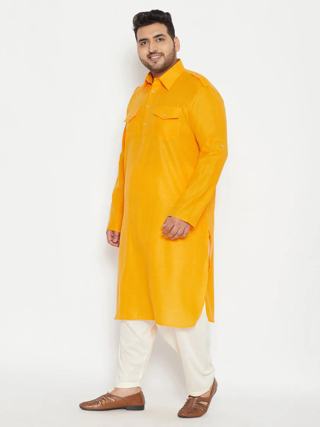 VASTRAMAY Men's Plus Size Mustard and Cream Cotton Blend Pathani Set