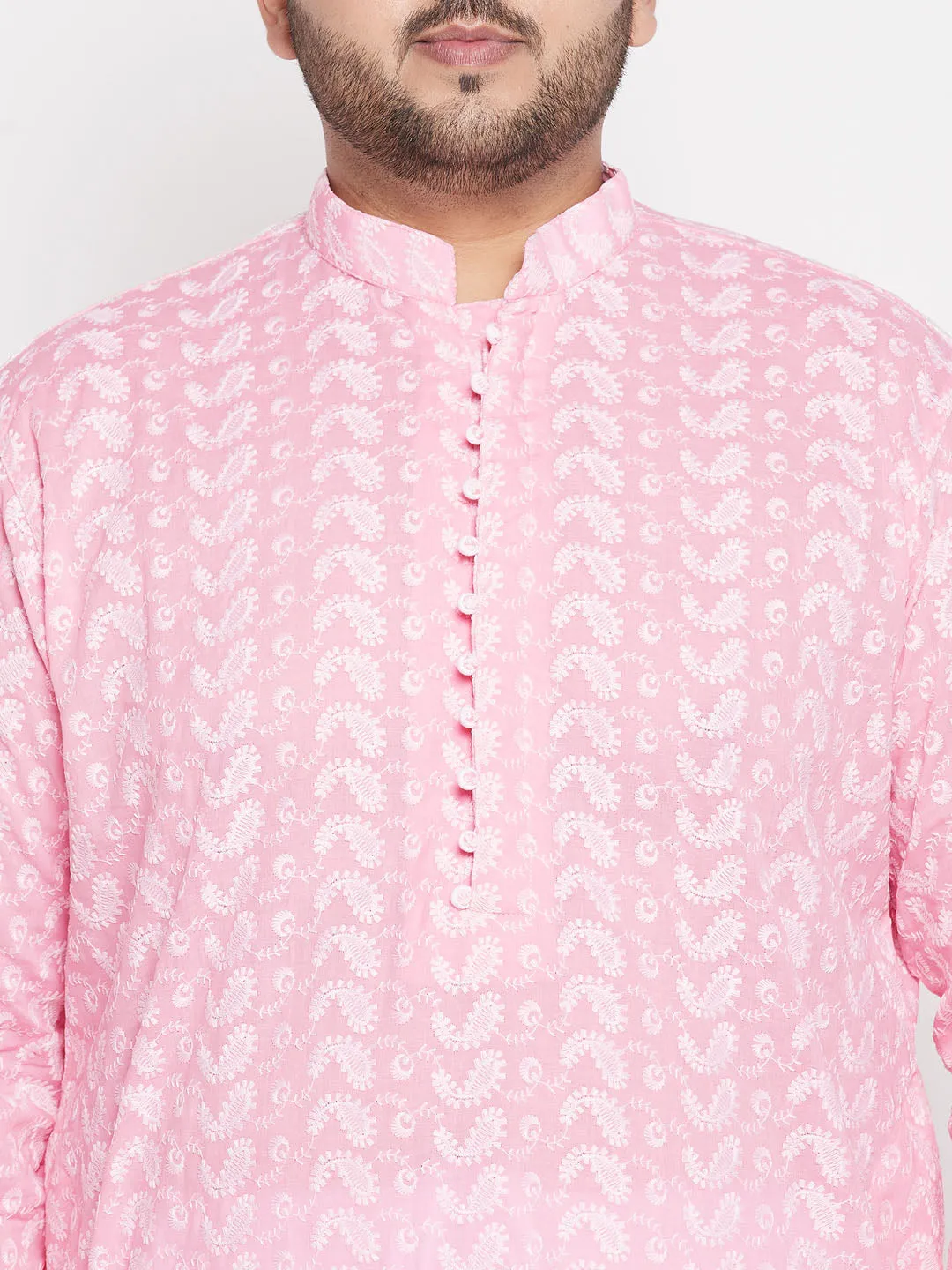 VASTRAMAY Men's Plus Size Pink Chikankari Embroidered Kurta