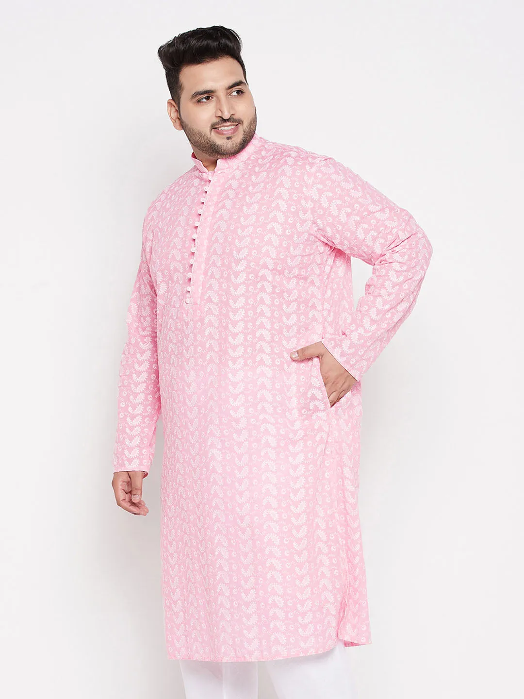 VASTRAMAY Men's Plus Size Pink Chikankari Embroidered Kurta