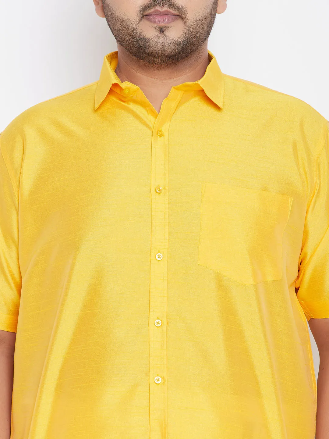 VASTRAMAY Men's Plus Size Yellow Silk Blend Ethnic Shirt