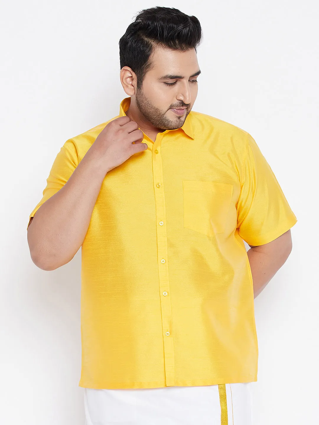 VASTRAMAY Men's Plus Size Yellow Silk Blend Ethnic Shirt