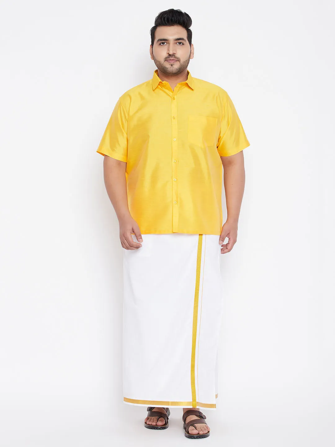 VASTRAMAY Men's Plus Size Yellow Silk Blend Ethnic Shirt