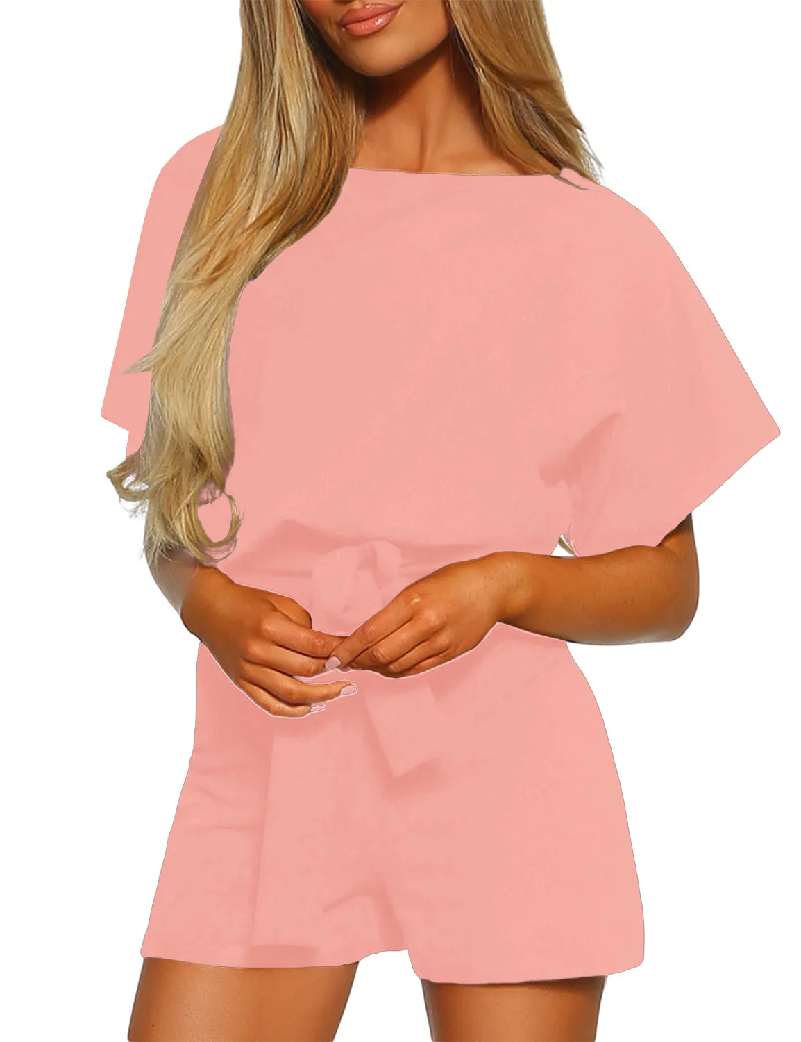 Vetinee Womens Summer Belted Romper Keyhole Back Short Sleeve Jumpsuit Playsuit