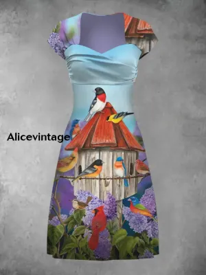 Vintage Bird Art Print Elegant And Chic Short-Sleeved Temperament Dress