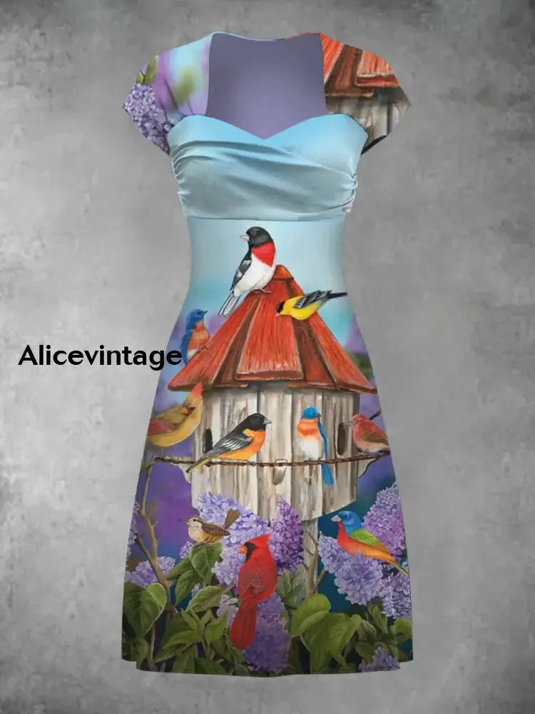 Vintage Bird Art Print Elegant And Chic Short-Sleeved Temperament Dress
