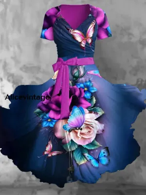 Vintage Floral Print V-Neck Short Sleeve Two-Piece Midi Dress