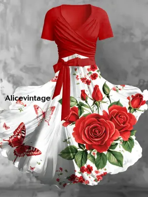 Vintage Floral Print V-Neck Short Sleeve Two-Piece Midi Dress