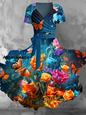 Vintage Floral Print V-Neck Short Sleeve Two-Piece Midi Dress