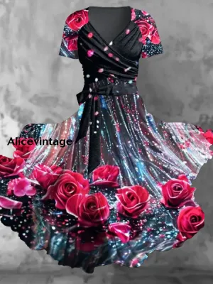 Vintage Floral Print V-Neck Short Sleeve Two-Piece Midi Dress
