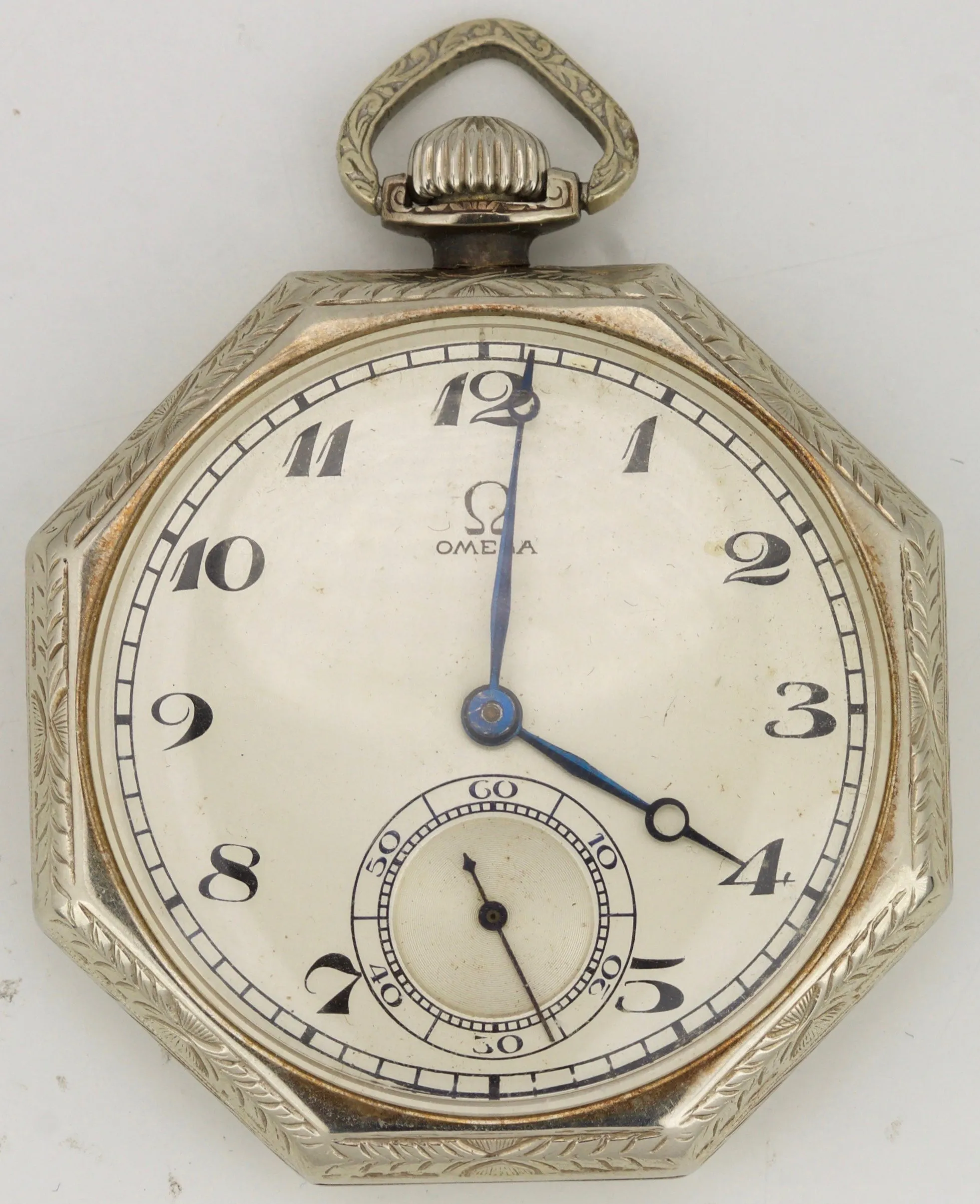 Vintage Men's Omega 585% 14K White Gold Silver 17J 44mm Open Face Pocket Watch