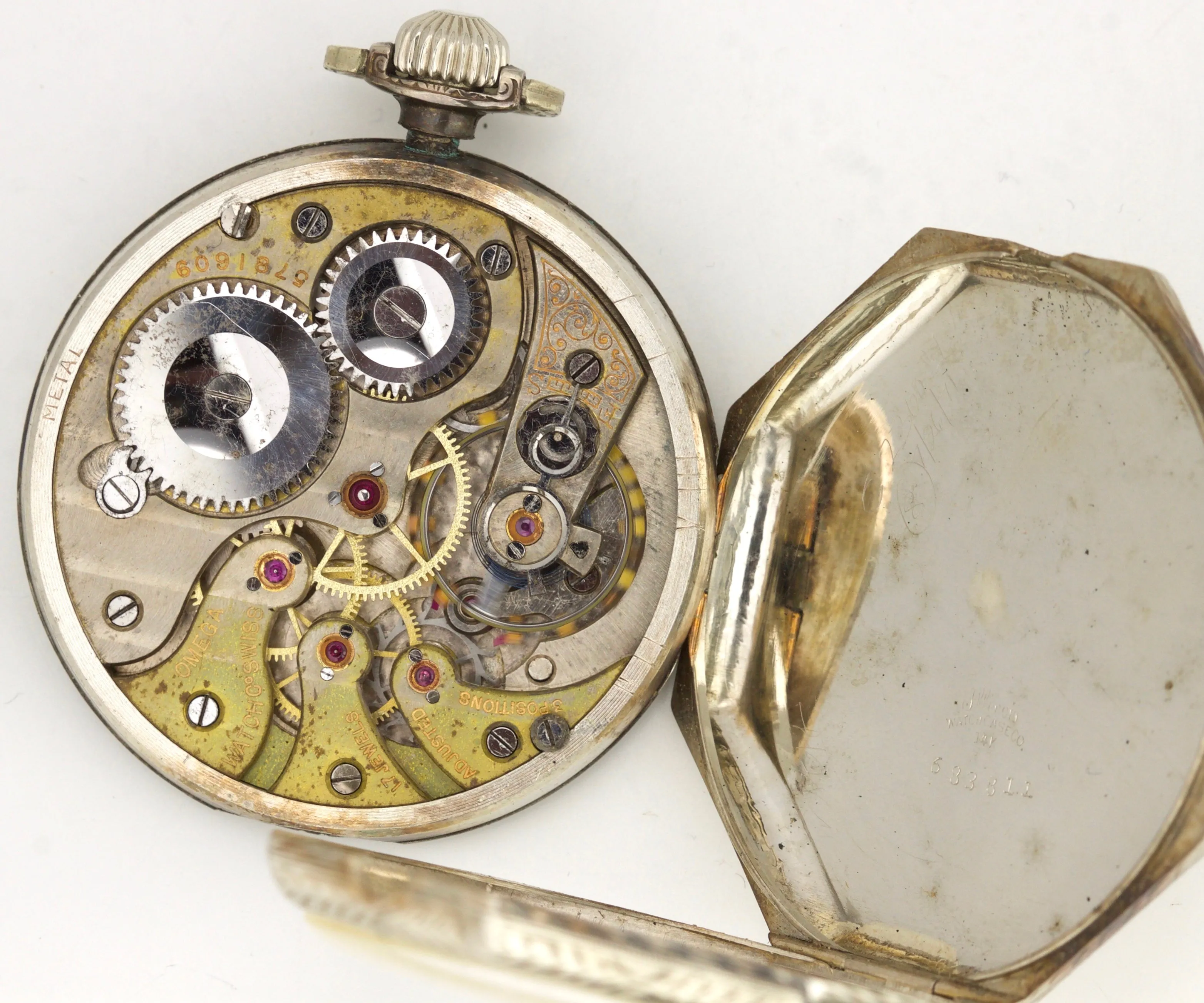 Vintage Men's Omega 585% 14K White Gold Silver 17J 44mm Open Face Pocket Watch