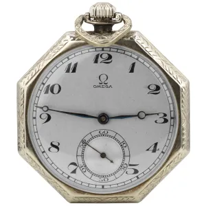 Vintage Men's Omega 585% 14K White Gold Silver 17J 44mm Open Face Pocket Watch