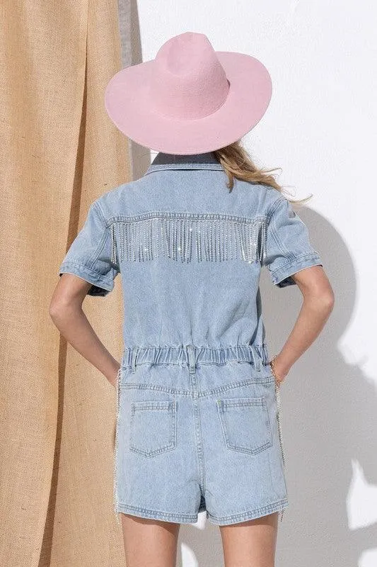 Washed Denim Short Sleeve Romper with Rhinestone Fringe at Side and Back Detail