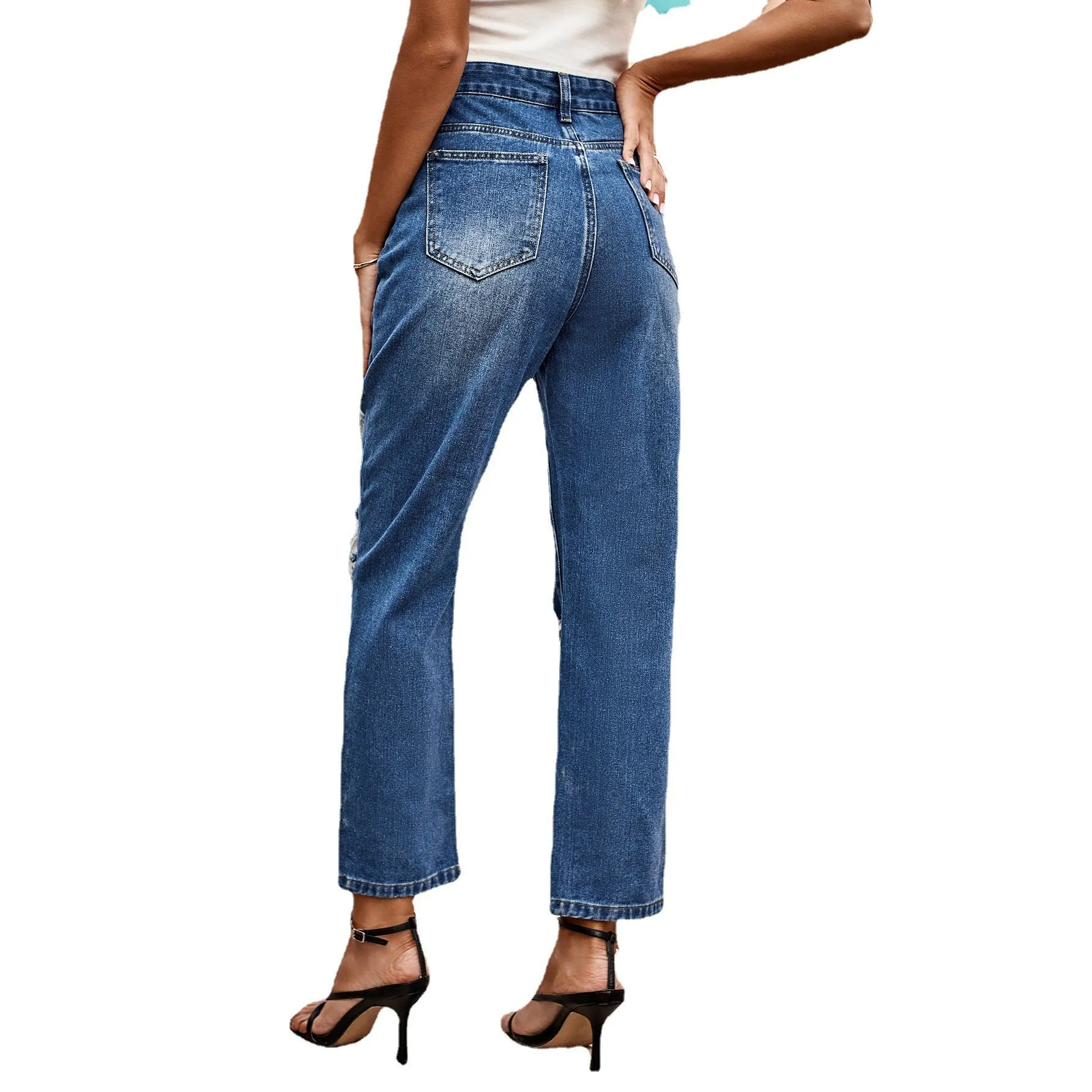 Water Ripped Straight Denim Ankle Pants