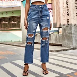 Water Ripped Straight Denim Ankle Pants