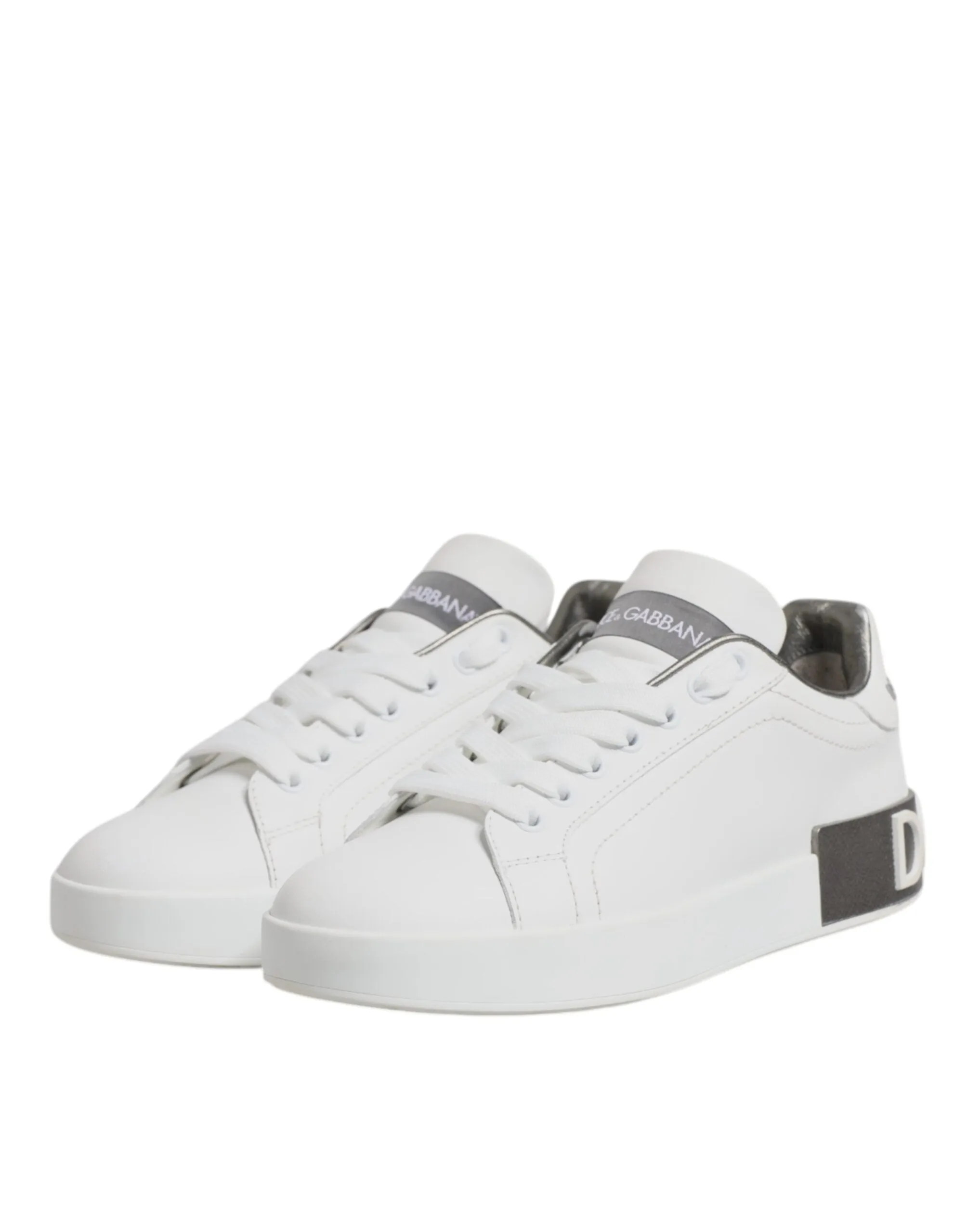 White Gray Leather Low Top Sneakers Shoes