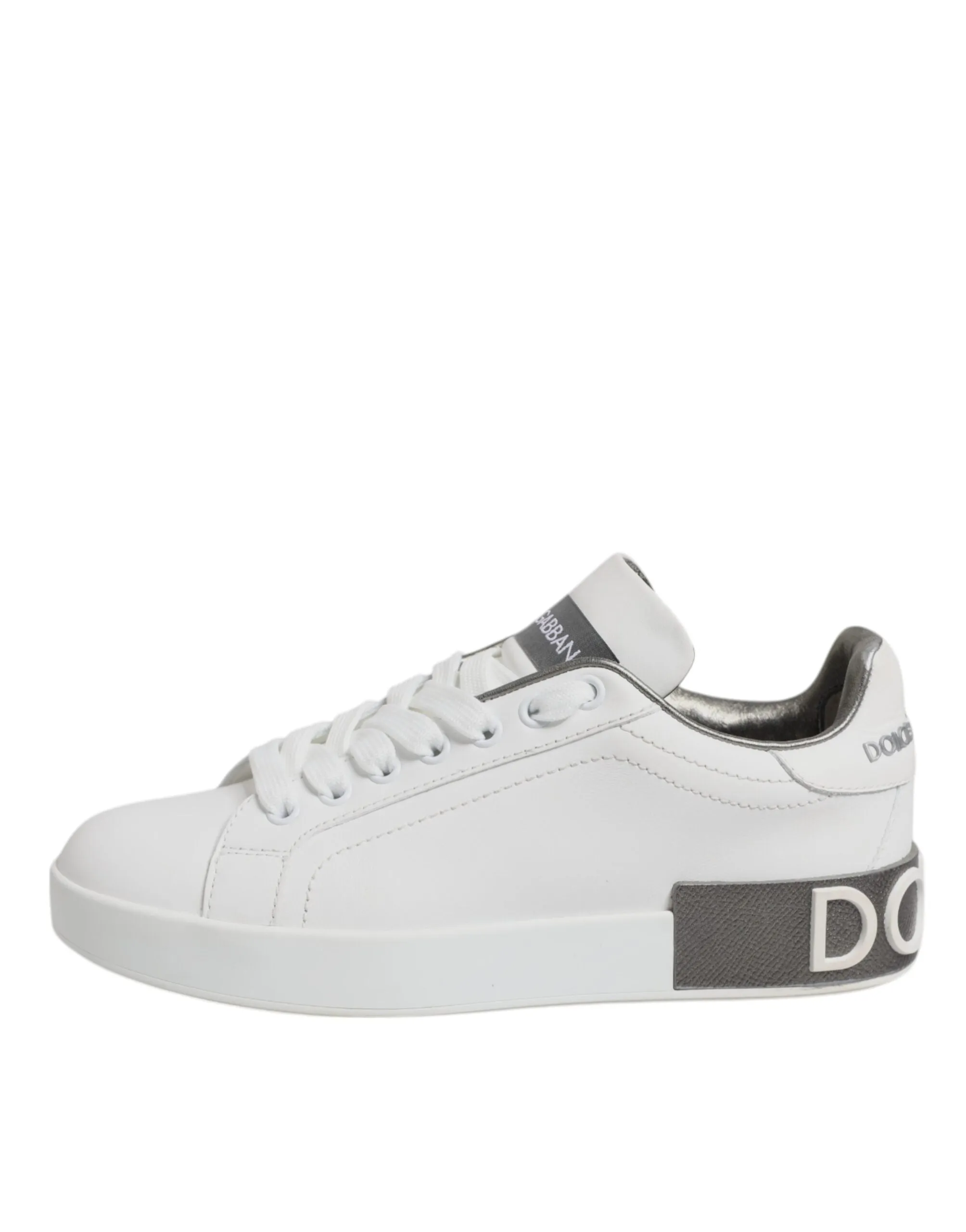 White Gray Leather Low Top Sneakers Shoes