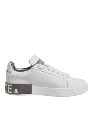 White Gray Leather Low Top Sneakers Shoes