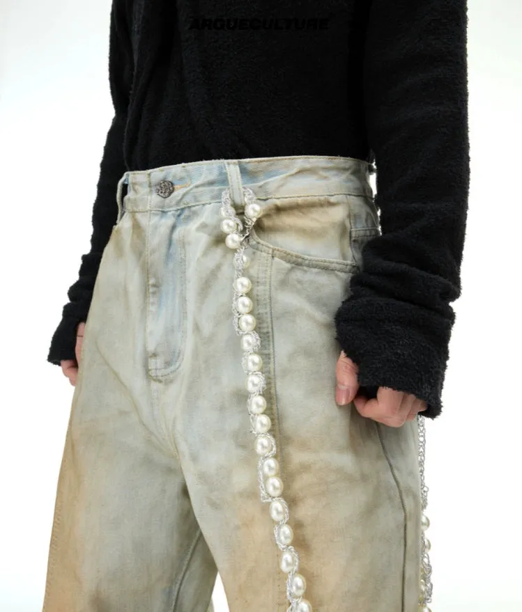 Wide Leg Jeans with Pearl Chain