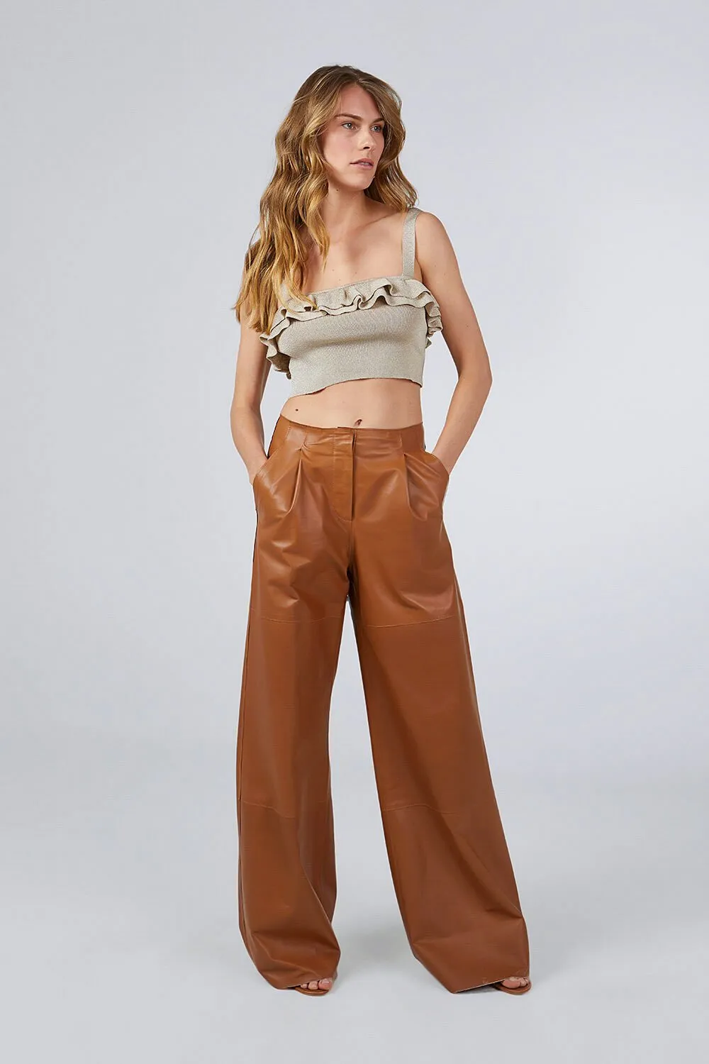 WIDE-LEG LEATHER PANTS TAN