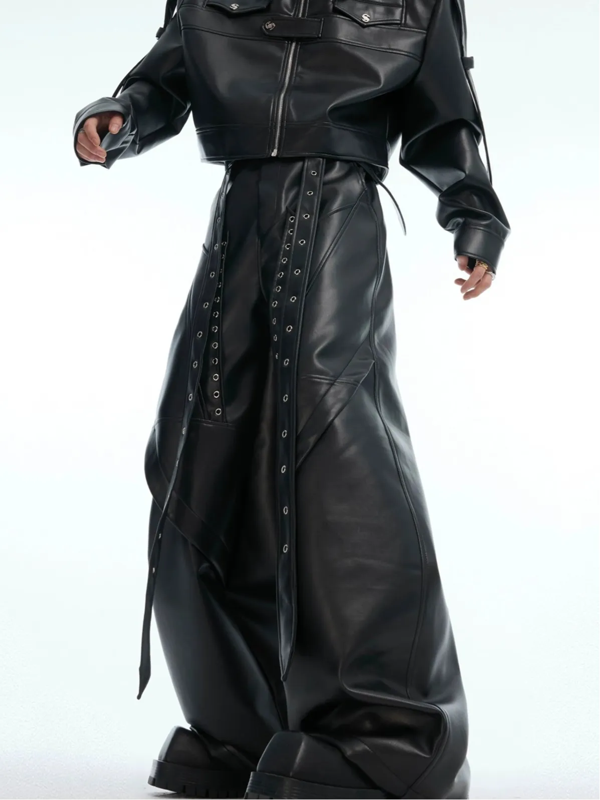 Wide-Leg Leather Rivet Pants