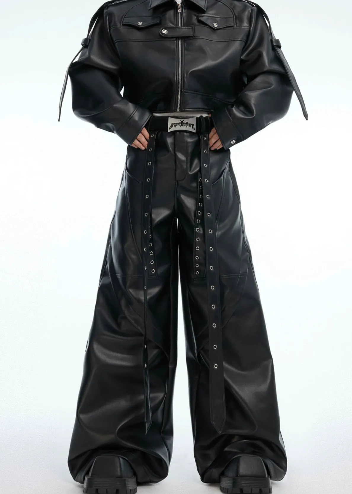 Wide-Leg Leather Rivet Pants