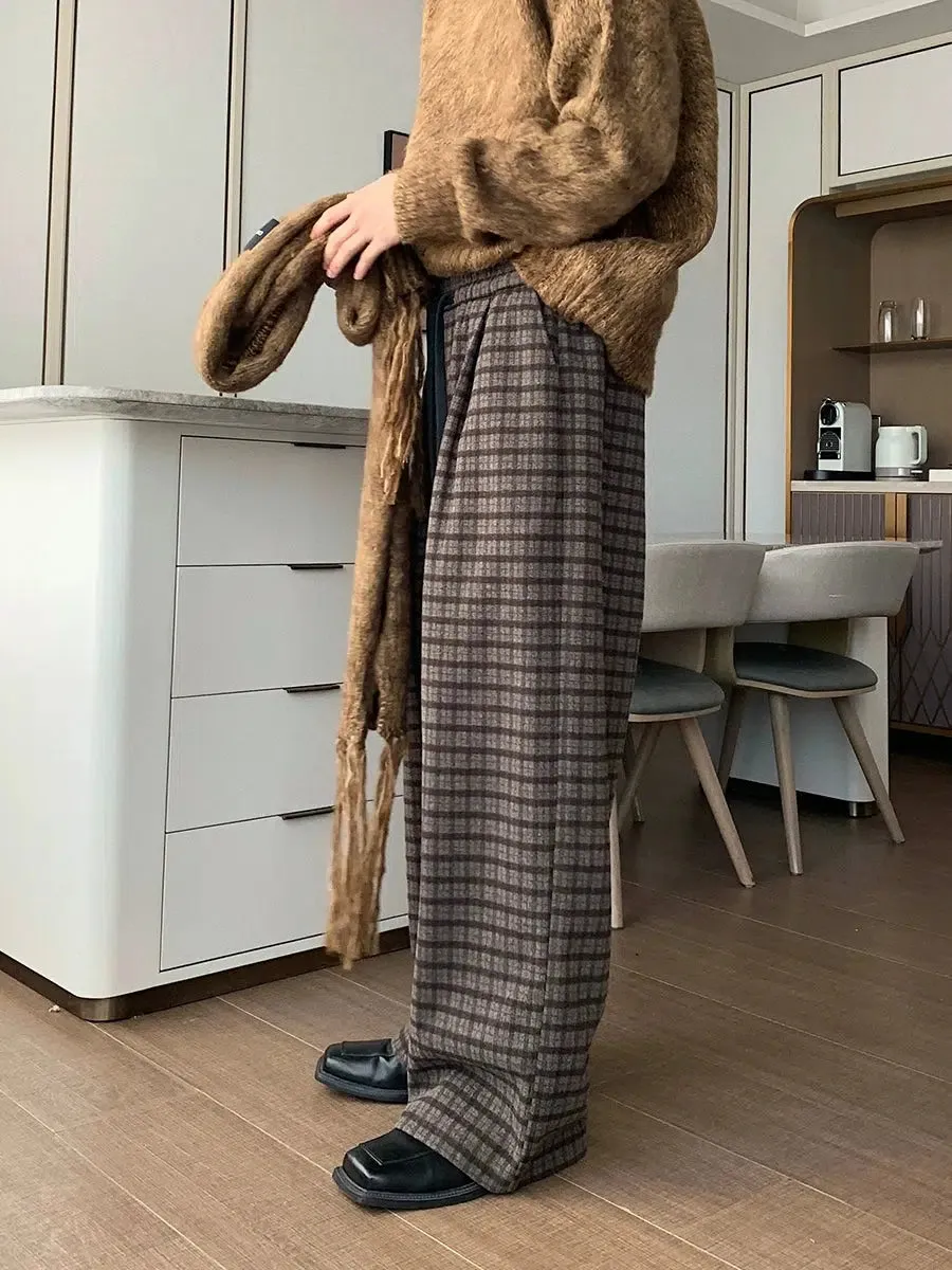 Wide-Leg Plaid Casual Pants
