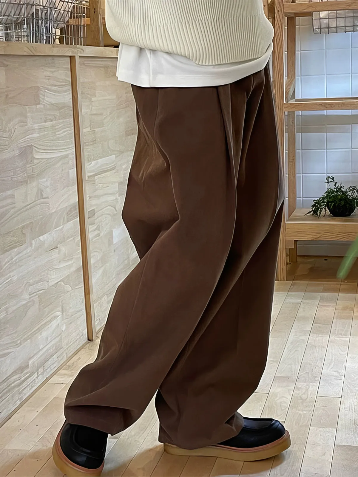 Wide-Leg Semi-Elastic Casual Pants