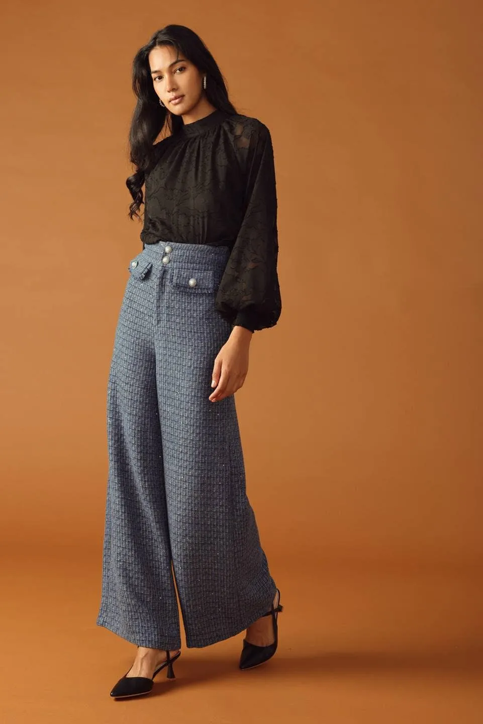 Wide-Leg Tweed Pants