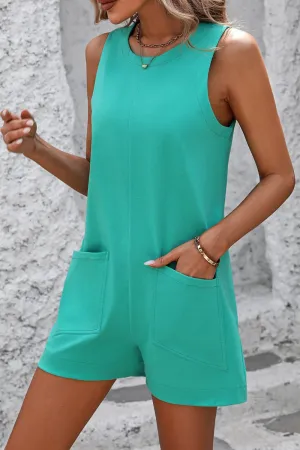 Willa Round Neck Sleeveless Front Pocket Romper