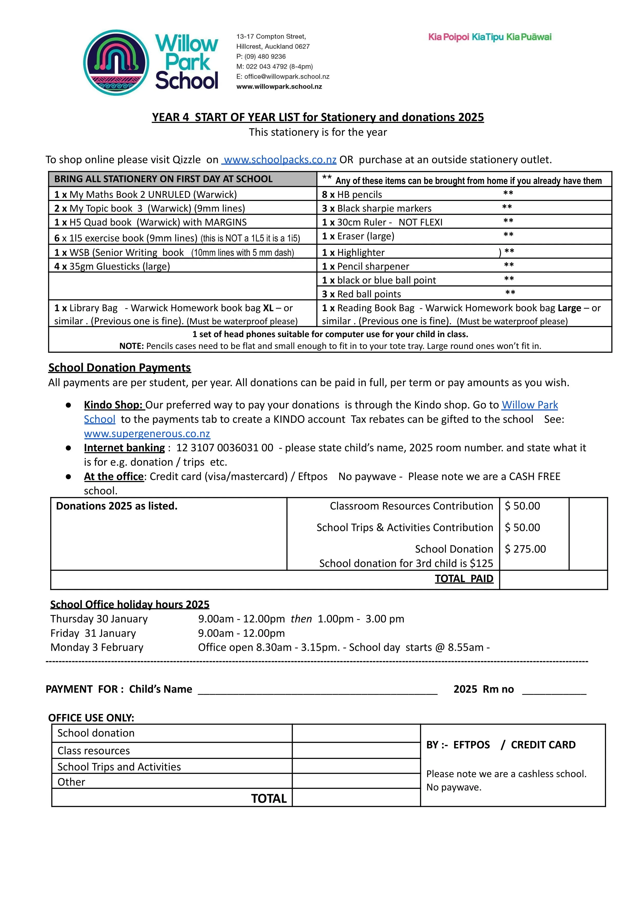 Willow Park School Stationery Pack 2025 Year 4
