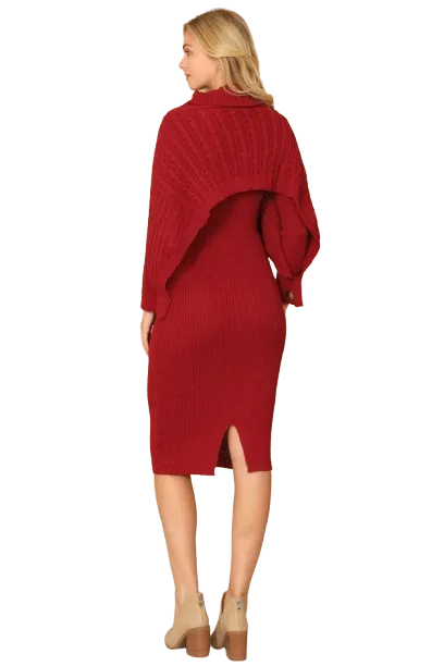 Wine Plus Size Ribbed Sleeve Shawl n Sweater Dress Set - Pack of 6
