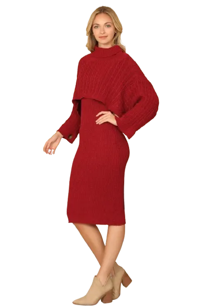 Wine Plus Size Ribbed Sleeve Shawl n Sweater Dress Set - Pack of 6