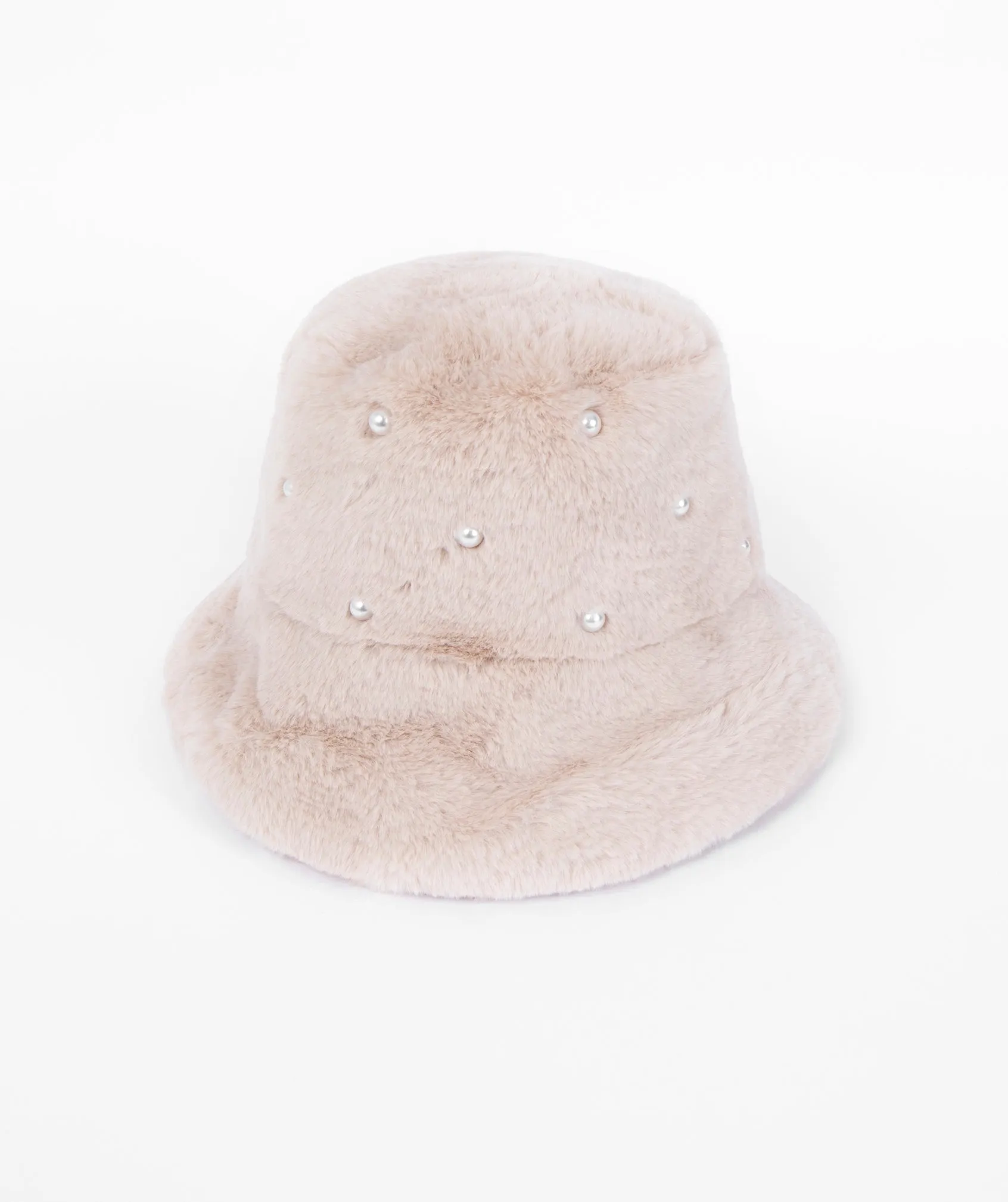 Winter White Faux Fur Bucket Hat with Pearl Embellishments