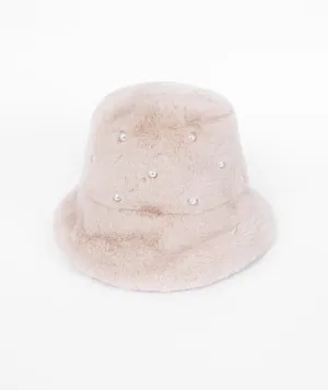 Winter White Faux Fur Bucket Hat with Pearl Embellishments