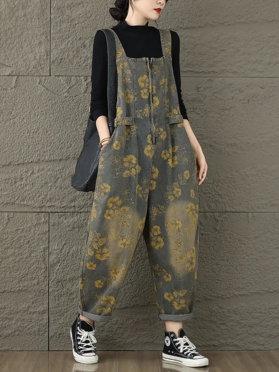 Women Autumn Retro Flower Zipper Denim Jumpsuits