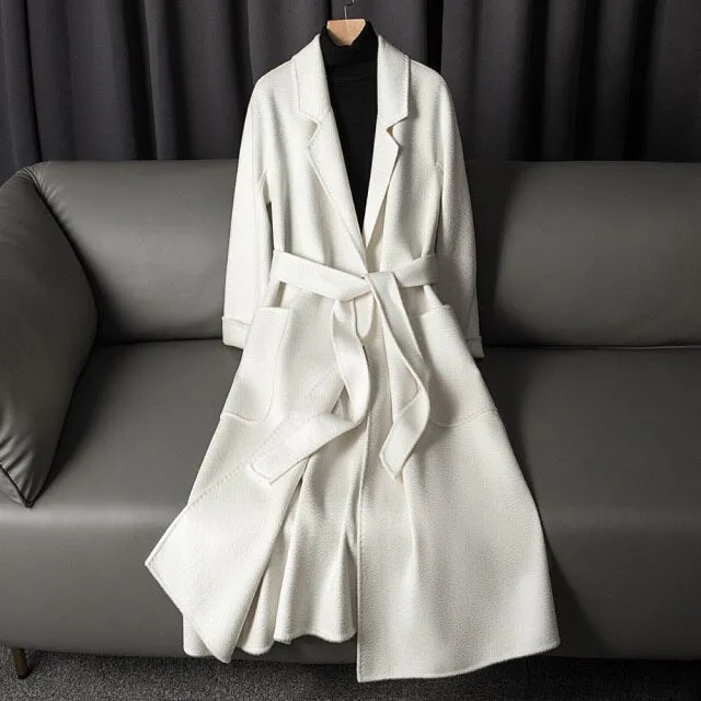 Women Belts Two Pockets Long Coat