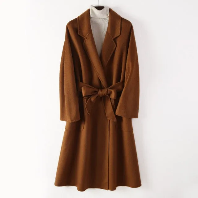 Women Belts Two Pockets Long Coat