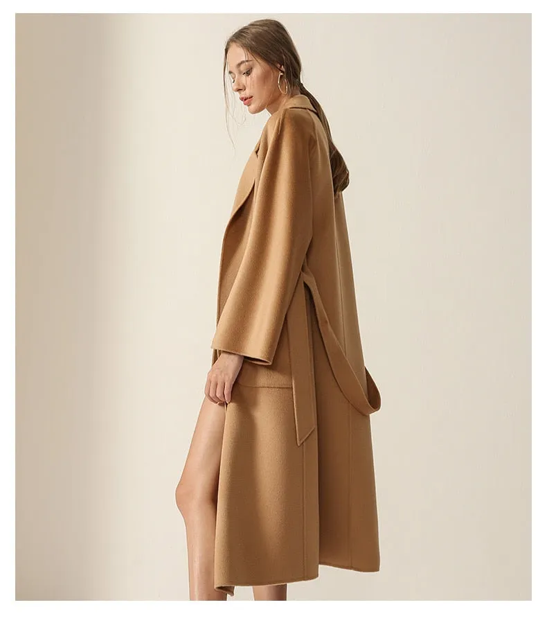 Women Belts Two Pockets Long Coat