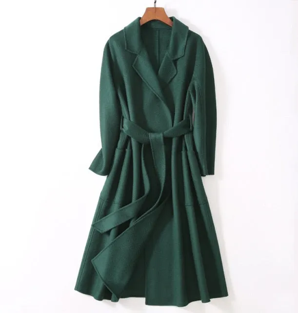 Women Belts Two Pockets Long Coat