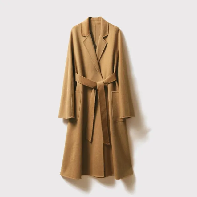 Women Belts Two Pockets Long Coat