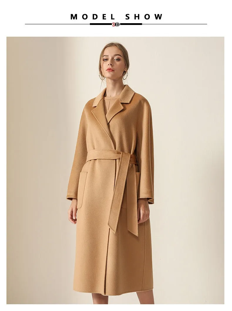 Women Belts Two Pockets Long Coat